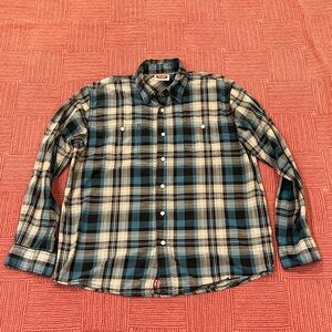 Wrangler Men's large cotton plaid / checkered Blue White gray button up shirt